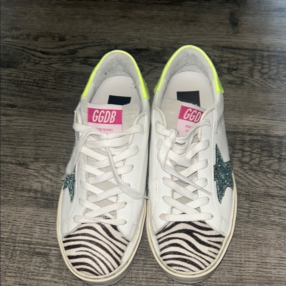 Golden Goose White and Green Sneakers with Distress Appeal Luxury Sneakers Sz 37